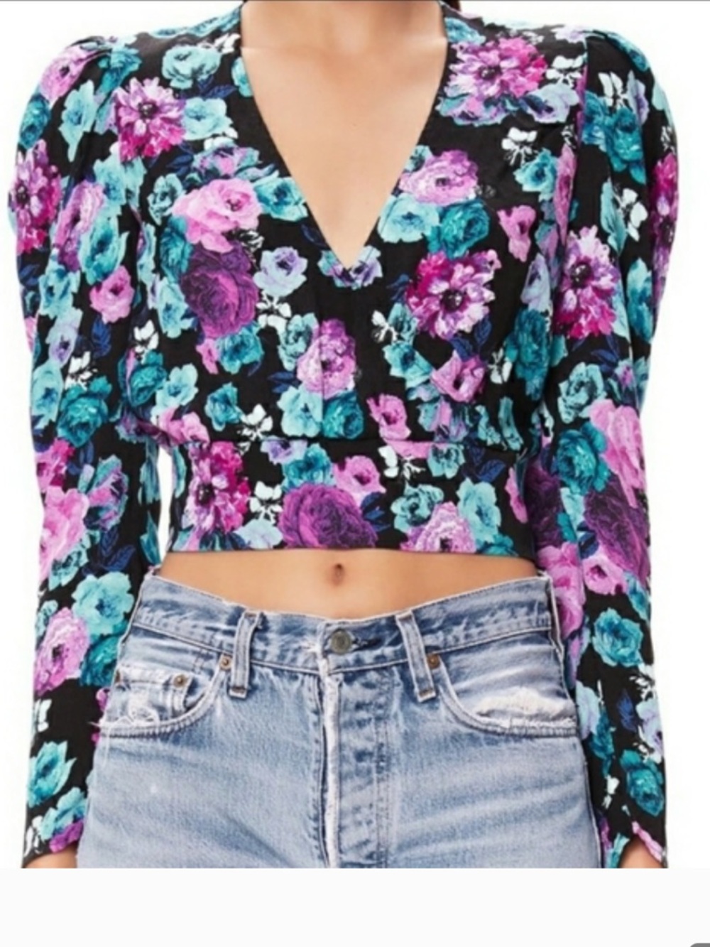 AFRM Black Floral Cropped V-Neck Top with Pink & Teal Blooms